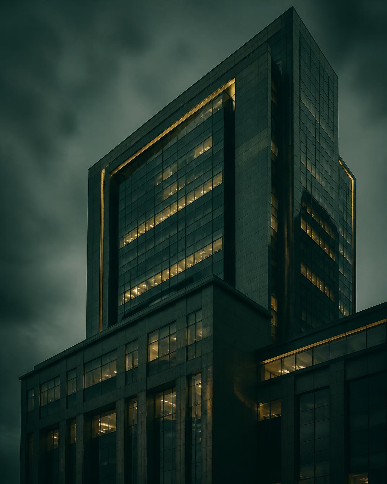 Modern office tower at dusk